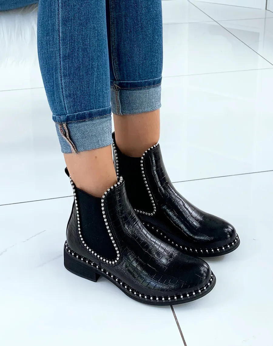 Bottines noires effet croco et perle dornement argent